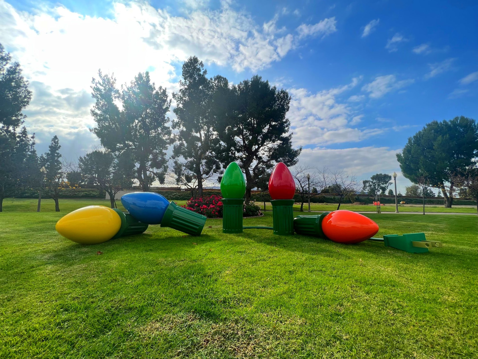 Corporate campus — giant C9 bulb lawn display